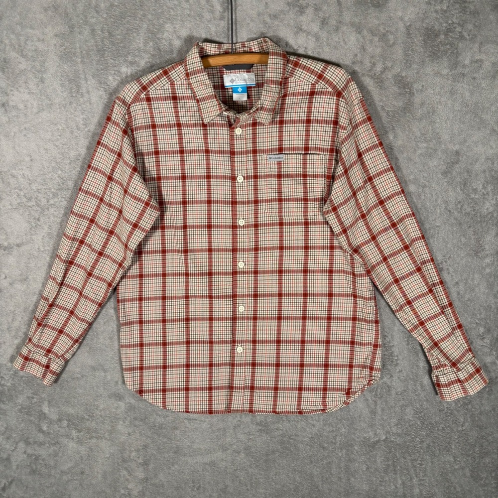 Columbia Mens Red Plaid Long Sleeve Stretch Button Down Shirt AM8053 Large
